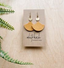 Load image into Gallery viewer, Distressed Tan & Mini Brass Disc Geometric Earrings