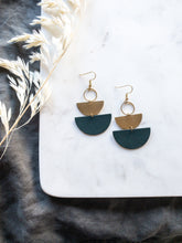 Load image into Gallery viewer, Dark Green Leather & Brass Stacked Earrings