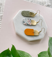 Load image into Gallery viewer, *SALE* Terrazzo Leather with Brass Accent Earrings with Raw Brass Hooks