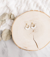 Load image into Gallery viewer, SALE - White and Gold Fleck Leather and Brass Ring Earrings