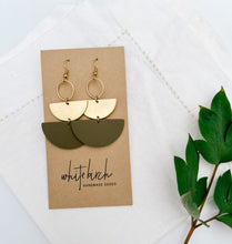 Load image into Gallery viewer, Army Green Leather & Brass Stacked Half Moon Dangle Earrings