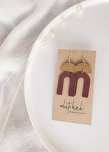 Load image into Gallery viewer, Burgundy Leather Arch & Brass Half Moon Geometric Earrings