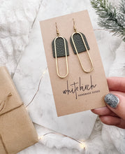 Load image into Gallery viewer, Dark Olive Green Leather & Brass Oval Accent Earrings
