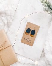 Load image into Gallery viewer, Navy Blue Leather & Mini Brass Half Moon Geometric Earrings