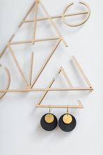 Load image into Gallery viewer, Black Leather Disc & Small Brass Disc Dangle Earrings.