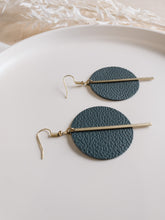 Load image into Gallery viewer, *SALE* Dark Grey Leather Disc and Brass Bar Earrings With Raw Brass Hooks