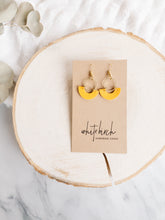 Load image into Gallery viewer, Mustard Yellow Leather & Brass Ring Geometric Earrings