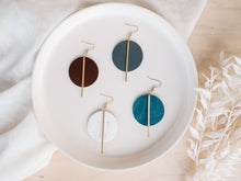 Load image into Gallery viewer, Ocean Blue Teal Leather Disc and Brass Bar Earrings