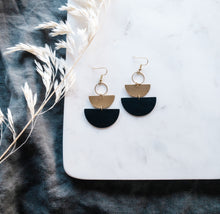 Load image into Gallery viewer, Black Leather & Brass Accent Half Moon Stacked Dangle Earrings