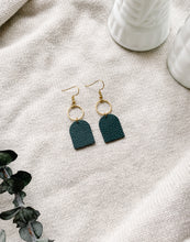 Load image into Gallery viewer, Dark Green Leather with Brass Circle Earrings