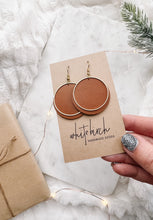 Load image into Gallery viewer, Brown Leather Disc & Brass Circle Earrings
