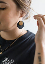Load image into Gallery viewer, Black Leather Disc & Small Brass Disc Dangle Earrings
