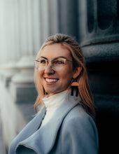 Load image into Gallery viewer, Black Leather Arch & Brass Half Moon Geometric Earrings