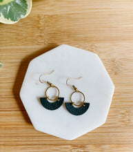 Load image into Gallery viewer, Dark Green Leather & Brass Ring Geometric Earrings