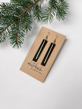 Load image into Gallery viewer, Black Leather Bar Earrings with a Thin Brass Bar Accent.