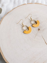 Load image into Gallery viewer, Mustard Yellow Leather & Brass Ring Geometric Earrings