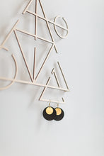 Load image into Gallery viewer, Black Leather Disc & Small Brass Disc Dangle Earrings.