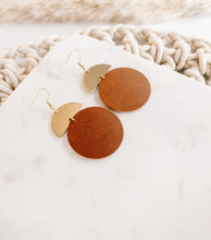 Load image into Gallery viewer, Brown Leather Disc & Brass Half Moon Stacked Dangle Earrings
