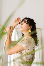 Load image into Gallery viewer, Yellow Leather Arc & Brass Half Moon Earrings