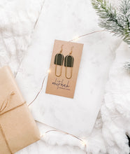 Load image into Gallery viewer, Dark Olive Green Leather & Brass Oval Accent Earrings
