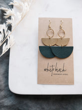 Load image into Gallery viewer, Dark Green Leather & Brass Stacked Half Moon Dangle Earrings