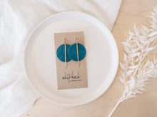 Load image into Gallery viewer, Ocean Blue Teal Leather Disc and Brass Bar Earrings