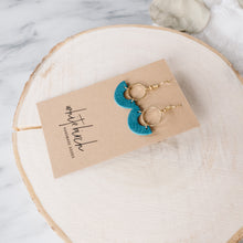 Load image into Gallery viewer, Ocean Teal Blue Leather and Brass Ring Earrings