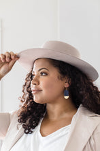 Load image into Gallery viewer, Navy Blue Leather & Mini Brass Half Moon Geometric Earrings