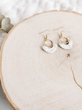 Load image into Gallery viewer, SALE - White and Gold Fleck Leather and Brass Ring Earrings