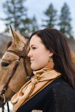 Load image into Gallery viewer, Brown Leather Disc & Brass Half Moon Stacked Dangle Earrings