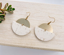 Load image into Gallery viewer, *SALE* White Cork Leather & Brass Half Moon Stacked Dangle Earrings with Raw Brass Hooks