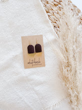 Load image into Gallery viewer, Dark Purple Leather &amp; Mini Brass Half Moon Geometric Earrings
