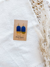 Load image into Gallery viewer, Cobalt Blue Leather &amp; Mini Brass Half Moon Geometric Earrings
