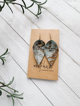 Load image into Gallery viewer, *SALE* Distressed Turquoise and Gold Leather Small Leaf Earrings With Raw Brass Hook
