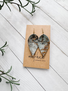*SALE* Distressed Turquoise and Gold Leather Small Leaf Earrings With Raw Brass Hook