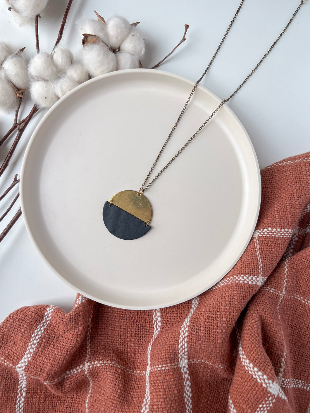 Black Leather & Brass Half Moon Stacked Necklace