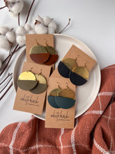 Load image into Gallery viewer, Large Brown Leather &amp; Brass Half Moon Stacked Statement Earrings
