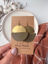 Load image into Gallery viewer, Large Army Green Leather &amp; Brass Half Moon Stacked Statement Earrings
