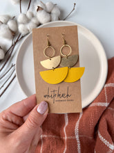 Load image into Gallery viewer, Mustard Yellow Leather &amp; Brass Stacked Half Moon Dangle Earrings
