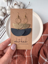 Load image into Gallery viewer, Navy Blue Leather &amp; Brass Stacked Half Moon Dangle Earrings
