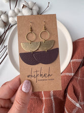Load image into Gallery viewer, Dark Purple Leather &amp; Brass Stacked Half Moon Dangle Earrings
