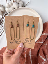 Load image into Gallery viewer, Distressed Teal Leather &amp; Brass Oval Accent Earrings
