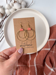 Light Coral Leather & Brass Circles Earrings