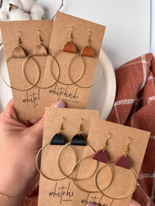 Distressed Camel Leather & Brass Circle Earrings