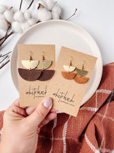 Load image into Gallery viewer, Split Plank Brown Leather &amp; Brass Half Moon Stacked Dangle Earrings
