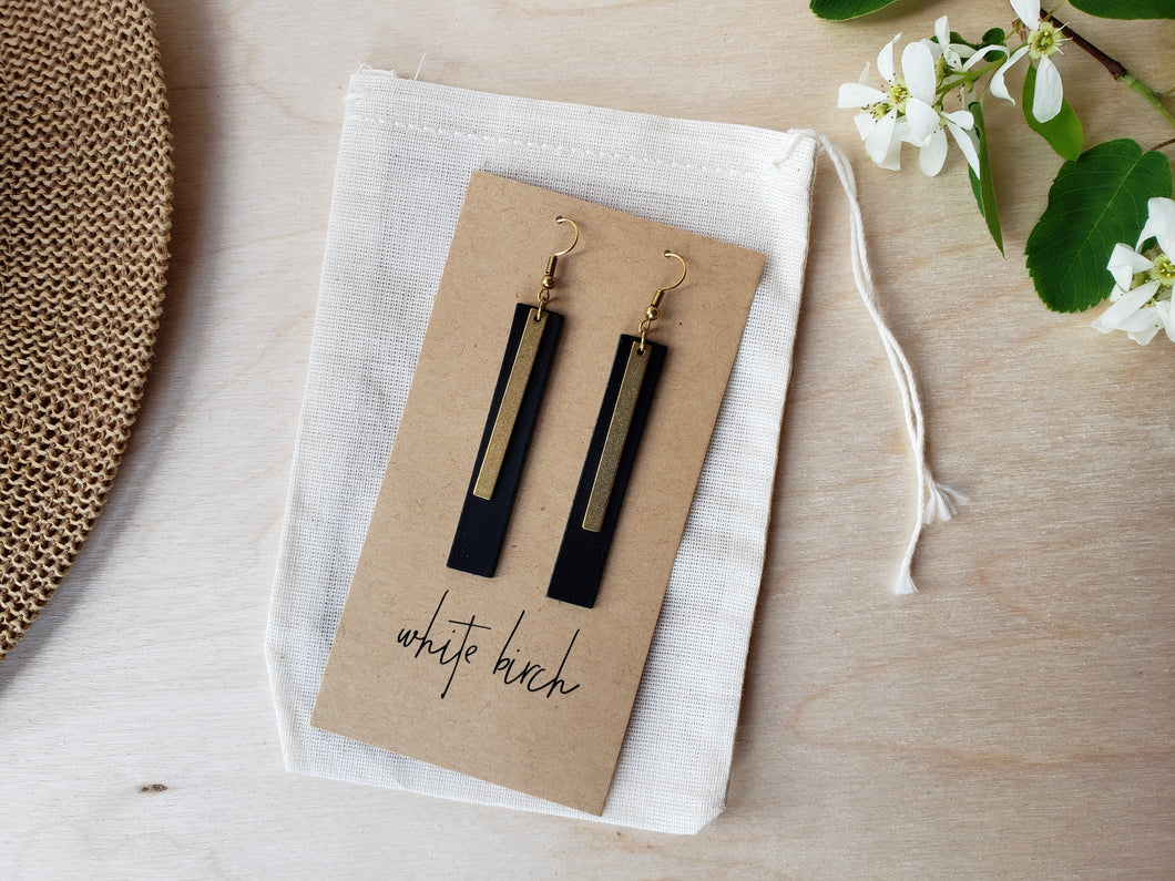 Black Bar Leather Earrings with Rectangle Brass Bar Accent