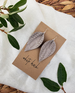 Stone Grey Braided Pinched Leather Leaf Earrings