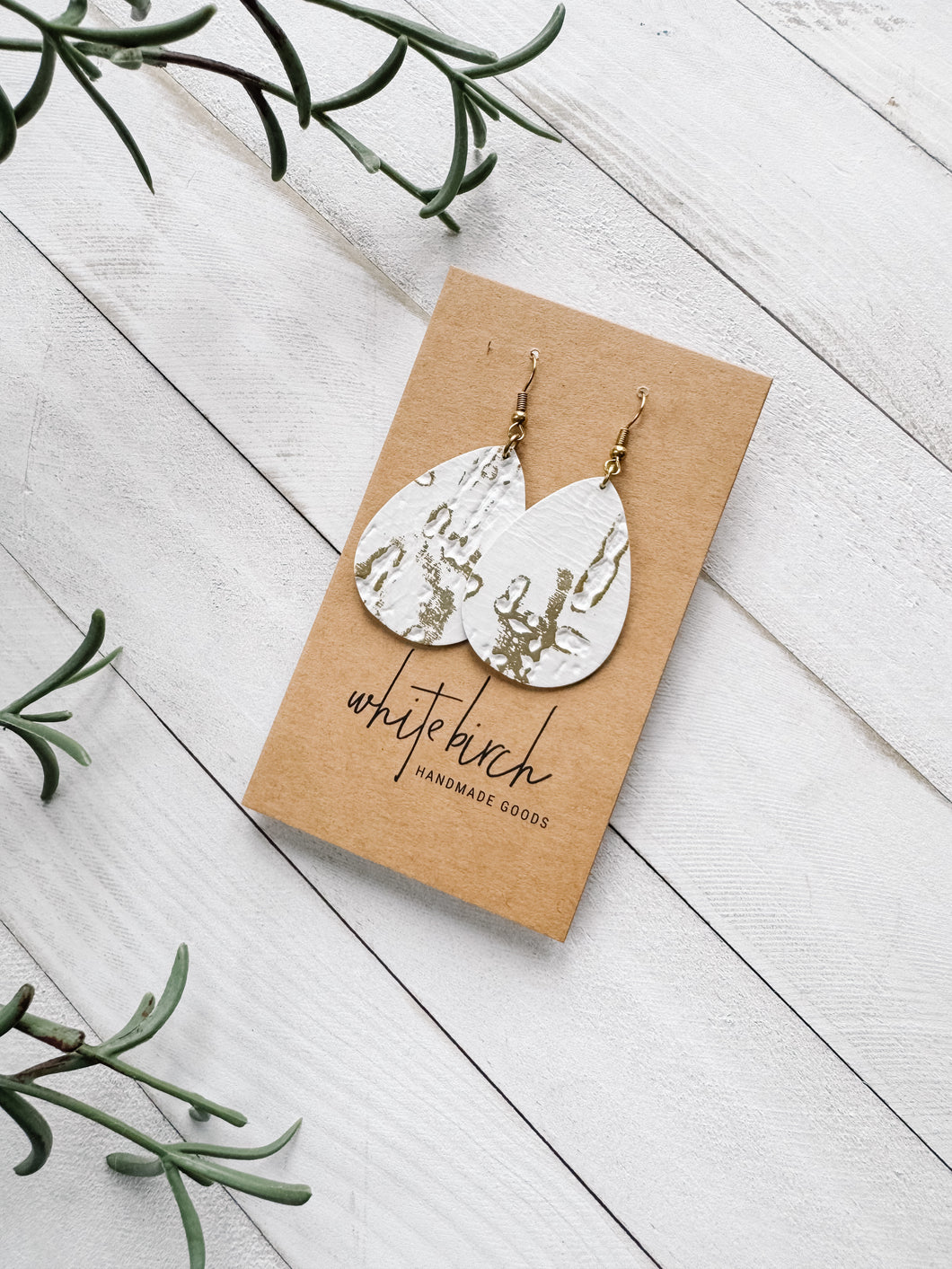 SALE - White Gold Fleck Leather with Raw Brass Hook Medium Teardrop Earrings
