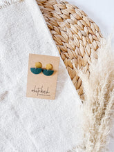 Load image into Gallery viewer, Mini Dark Teal Leather Half Moon and Brass Circle Post Earrings
