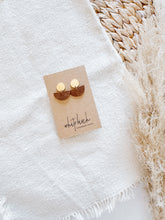 Load image into Gallery viewer, Mini Distressed Russet Leather Half Moon and Brass Circle Post Earrings
